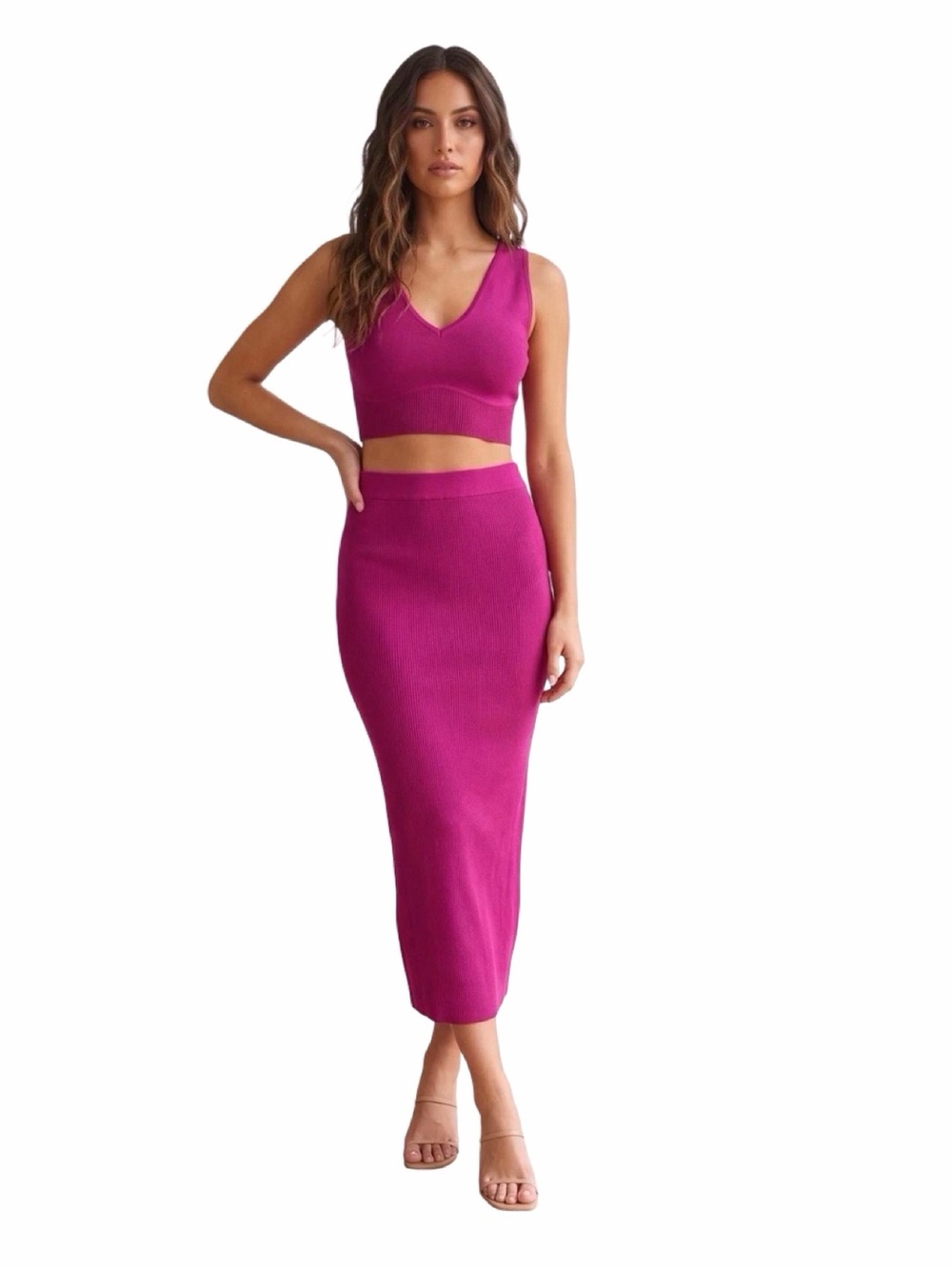 House of Harlow 1960 2-Piece Knit Magenta Set - Top & Skirt - Size Small